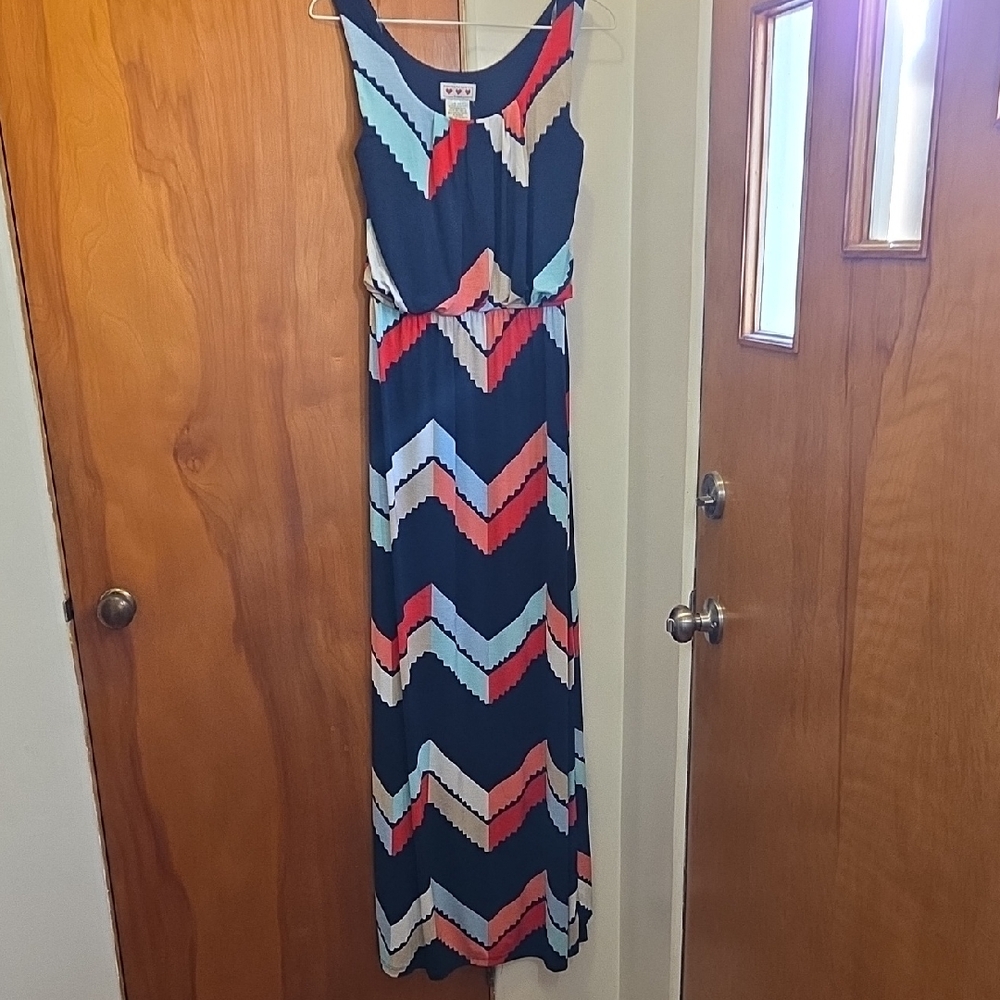 Trixxi Chevron Maxi Dress - Navy, Coral, Light Blue